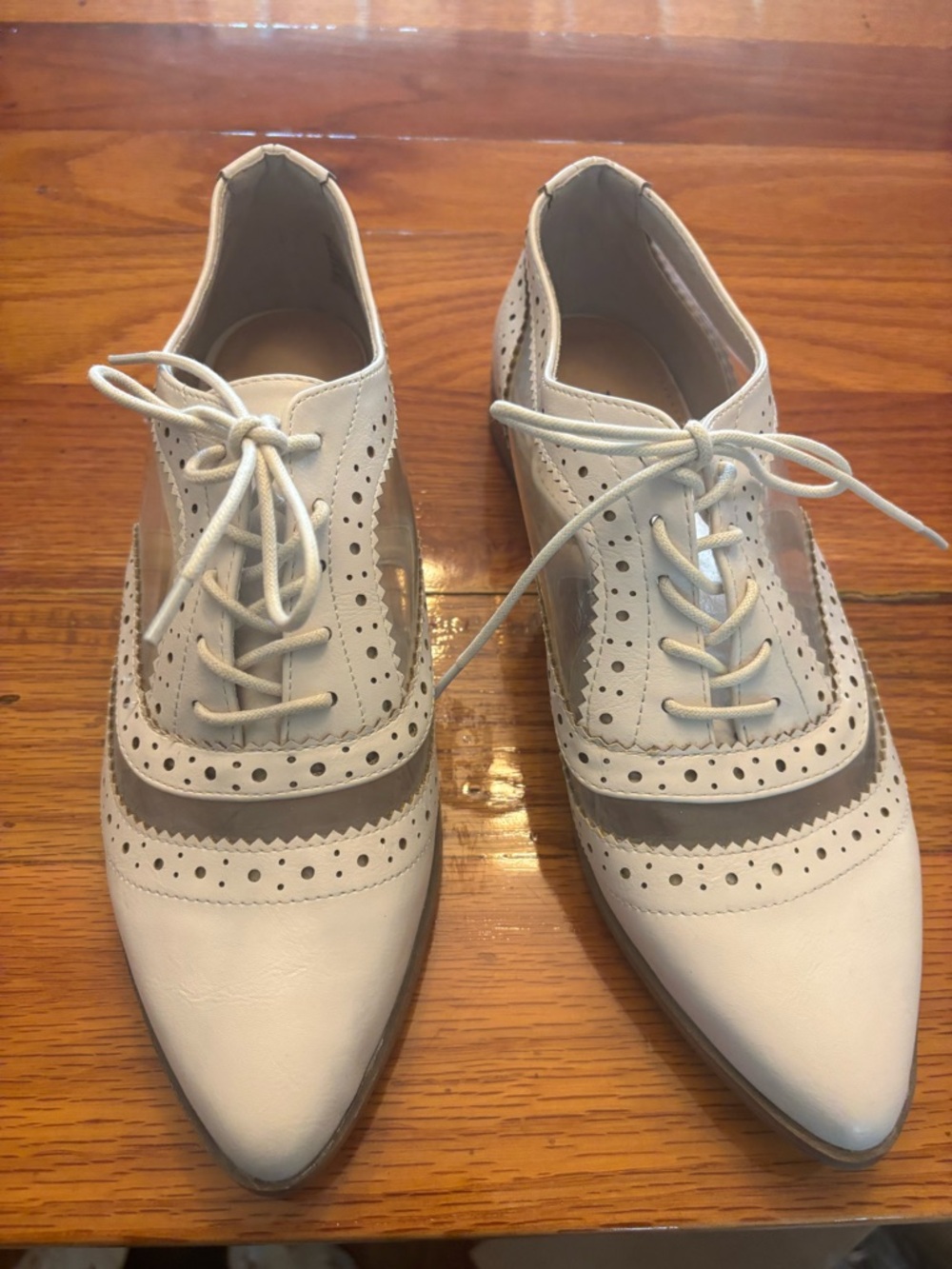 JustFab Cream Pointed Lace-Up Brogue Flats